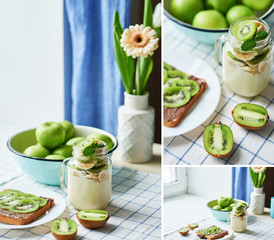 Sandwich with peanut butter and kiwi, green apples, yogurt with banana and kiwi, creative idea for kids breakfast, dessert or holiday meal, top view flat lay, healthy food for children. Good morning