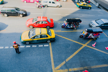 Transport on the streets of Bangkok. Taxi and motorcycle taxi ride through the streets. Public transport. The adjustment movement