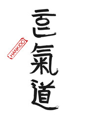 Hand drawn Hieroglyph translates Hankido. Vector Korean martial art symbols on white background with red stamp and text. Ink brush Korea calligraphy font