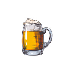 Beer Glass, mug with malt booze and foam. Retro Illustration of alcohol drink for design menu restaurants, pub, bar, poster for the Oktoberfest, craft brewing, banners, ad. Hand drawing Color sketch