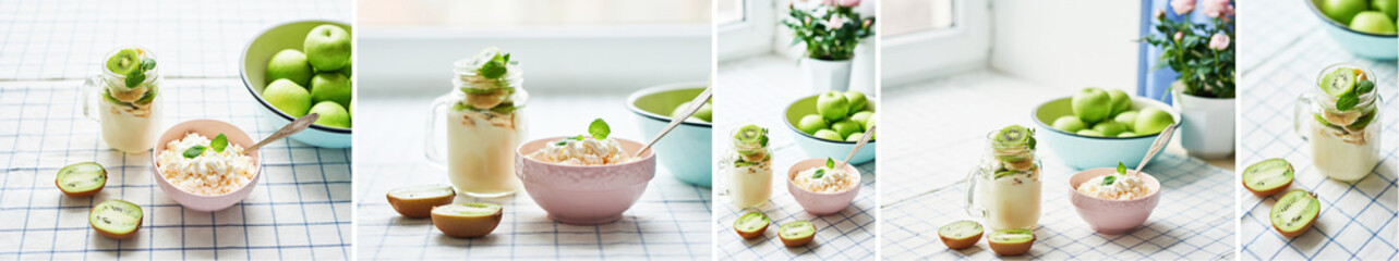 Kiwi yogurt, green apples, cottage cheese with sour cream and mint,vegetarian desserts. Healthy breakfast. Good morning. Healthy vegan food. Vegetarian desserts, concept varieties desserts
