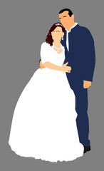 Groom and bride wedding day, in dress and suit vector illustration. Young wedding couple. Happy bride and groom after wedding ceremony. Just married couple in love. Sweet closeness and ceremony  day.