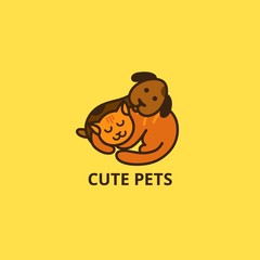 Cute Cartoon Cat and Dog Logo. Sleepy Pets Vector Icon. Little Puppy and Kitten Sleep Illustration.