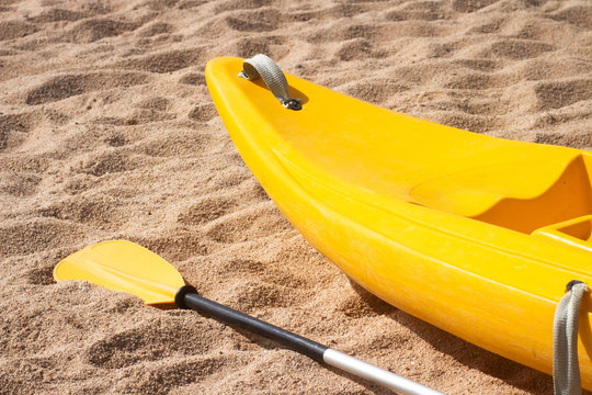 Kayak with oar on sandy sea beach