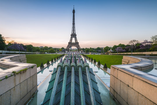 View of Jardins du Trocadero with Eiffel Tower in background