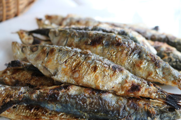 Plate of charcoal-grilled sardines typical of coastal towns