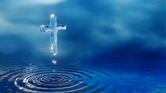 Christian holy water cross in blue clouds