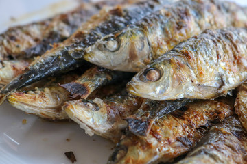 Plate of charcoal-grilled sardines typical of coastal towns