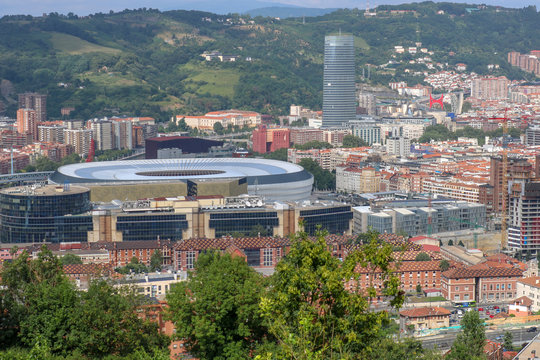 Panoramic view of the city of Bilbao with the main buildings of the city: Universities, San Mames Stadium, Basurto Hospital, ...