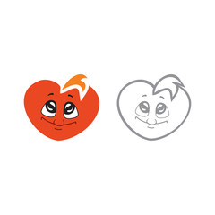 The vector illustration of the children's character heart the boy smiles and looks up. Set of vector symbols. Fiery flame of love in the children's picture of the animation character. Flat design 