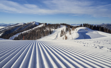 Brunnach Ski Resort, St. Oswald, Carinthia, Austria - January 20, 2019: View from Brunnach top station down in the valley