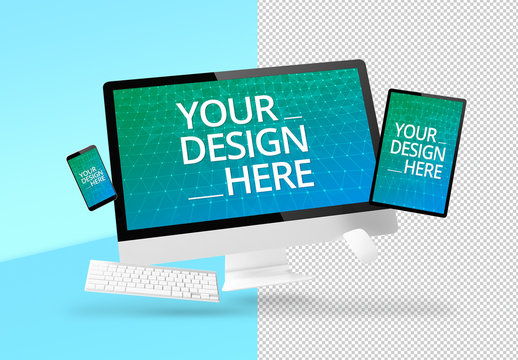 Floating Monitor, Tablet, and Smartphone Mockup