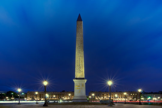 View of Luxor Obelisk against blue sky at night