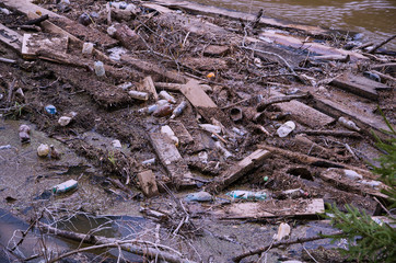 On the water surface nailed to the shore a lot of different debris: used items, fragments of boards, sticks, plant debris, instagram.
