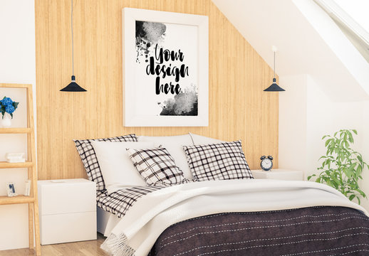 Vertical Frame on Wooden Bedroom Wall Mockup