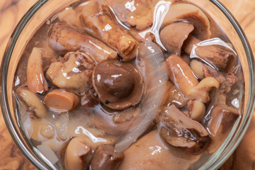 Organic boletus luteus marinated mushrooms.