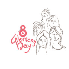 Women's Day linear modern background. Vector template with lettering design  and women faces. Happy women's day. Vector templates for card, poster and flyer.  International Women's Day