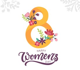 Happy women's day greeting card with floral elements and lettering. Women's day vector illustration