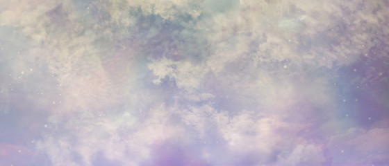 Angelic Ethereal Heavenly Sky Background -  Pink and purple coloured cloudy space banner background  with many different stars, planets and cloud formations