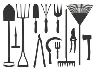 Icon vector set of different gardening tools like shovel, trovel, rake, scythe or dung fork