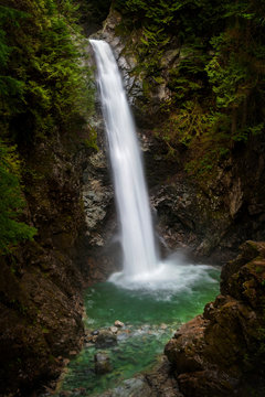 Cascade Falls Regional Park. Located Northeast of Mission, British Columbia, Cascade Falls is a scenic waterfall that can be viewed from a suspension bridge that crosses the river. © LoweStock