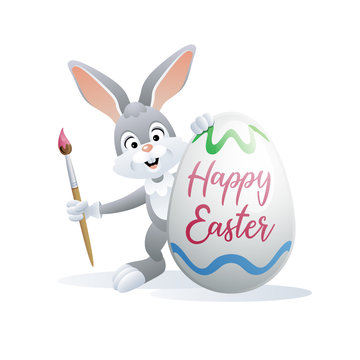 Happy Easter. Funny rabbit artist with Easter egg and paint brush. Vector illustration.