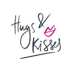 Hand drawn pink lipstick kiss symbol and hugs and kisses text. Vector, clipart, isolated details.