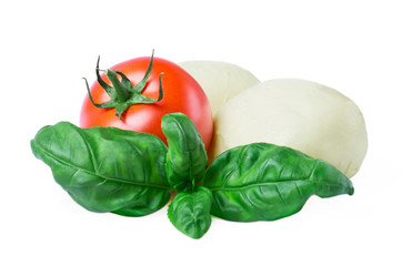A closeup of Mozzarella cheese balls with fresh basil leaves and  tomatoes on a white background 