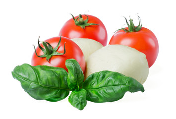 A closeup of Mozzarella cheese balls with fresh basil leaves and  tomatoes on a white background 