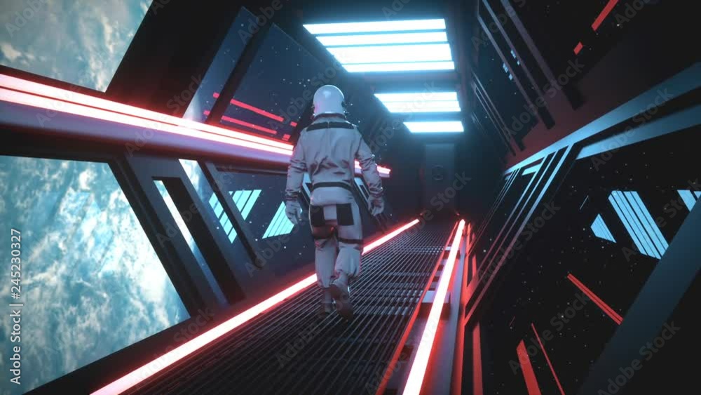 Wall mural astronaut going through the tunnel to another compartment of the space gateway