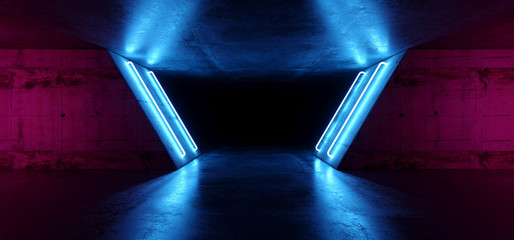 Futuristic Sci Fi Modern Realistic Neon Glowing Purple Pink Blue Led Laser Light Tubes In Grunge Rough Concrete Reflective Dark Empty Tunnel Corridor Background 3D Rendering