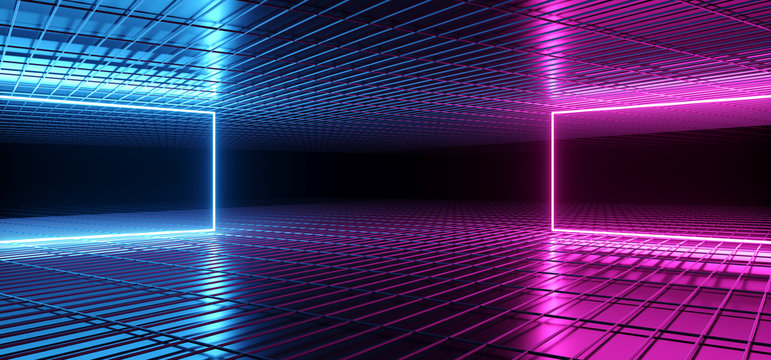 Sci Fi Futuristic Stage Dance Neon Glowing Purple Blue Pink  Rectangle Frame Shaped Lines In Dark Empty Metal Reflective Mesh Surface Tunnel Room Hall 3D Rendering
