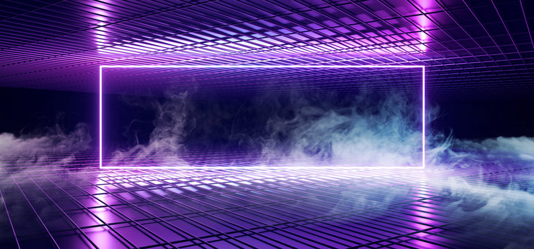 Smoke Fog Sci Fi Futuristic Stage Dance Neon Glowing Purple Blue Pink  Reftangle Frame Shaped Line In Dark Empty Metal Reflective Mesh Surface Tunnel Room Hall 3D Rendering