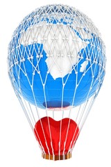 Hot Air Balloon of Earth with heart.  Global wedding concept. 3d render