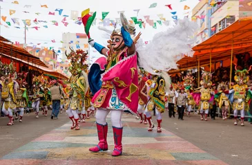 Papier Peint photo Carnaval Oruro canival procession and masked dancers in  Bolivia