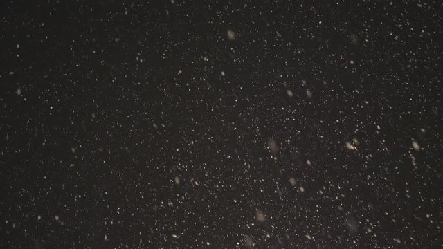 Snow falling at night.