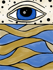 Surreal illustration with big blue eye, black dots and brown waves. Surreal concept