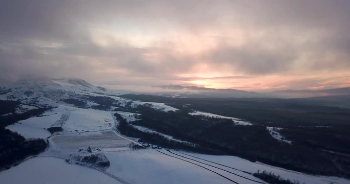 Beautiful Winter Nature Aerial Footage Of Sunset In The Mountains