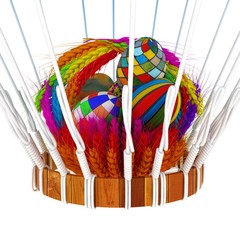 Hot Air Balloon with a basket of multicolored wheat and Easter eggs inside. 3d render