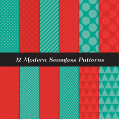 Tone on Tone Emerald Green & Poppy Red Vector Patterns. Christmas Geometric Chevron, Polka Dots, Stripes and Faceted Triangle Prints. Embossed Brocade Fabric Effect. Pattern Tile Swatches Included.