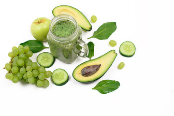 Detox time. Green fruits and vegetables on a white background.