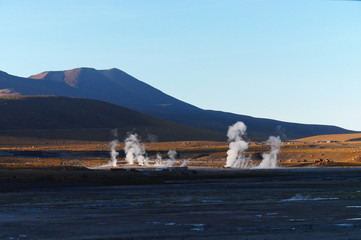 Sunrise on th El Tatio Geysers geothermal field, Chile