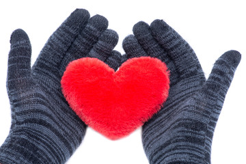 Hands in black gloves holding Red fluffy plush Heart isolated on white background.