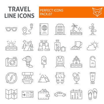 Travel thin line icon set, tourism symbols collection, vector sketches, logo illustrations, holiday signs linear pictograms package isolated on white background.