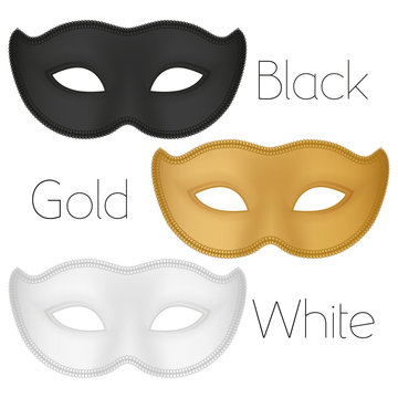 collection of simple carnival masks. White, black, gold. Gradient. Realistic style. Vector illustration.