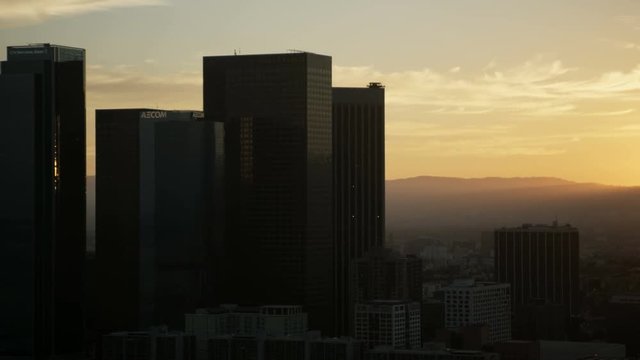 Aerial Sunset View Bunker Hill Skyscrapers Los Angeles