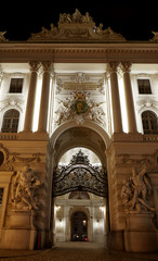 View of Hofburg imperial palace facade exterior with Heldenplatz, Vienna Old Town Historic Center,...
