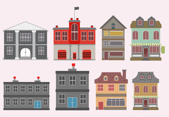 Buildings and modern city houses flat design of retro and modern city houses. Old buildings, skyscrapers. colorful cottage building, cafe house. White background. Vector illustration.