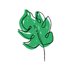 Stylized monstera leaf one line art. Contour simple drawing