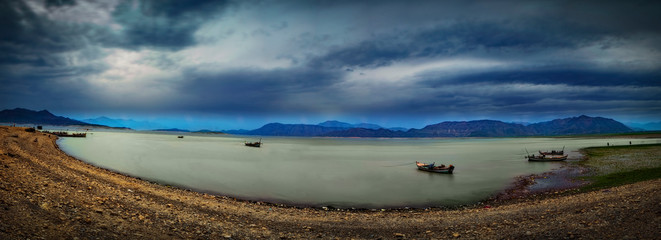 boat on the lake long exposure wide panorama